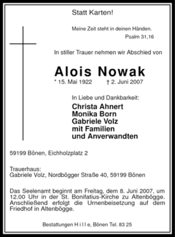 Todesanzeige von Alois Nowak von WESTFÄLISCHER ANZEIGER