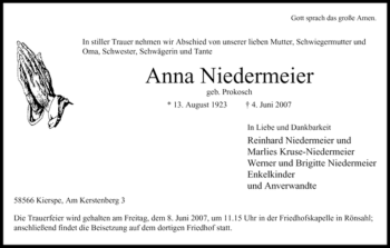 Todesanzeige von Anna Niedermeier von WESTFÄLISCHER ANZEIGER