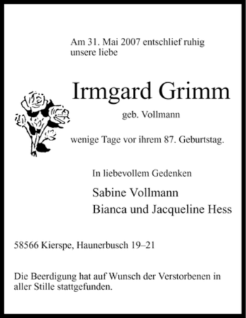 Todesanzeige von Irmgard Grimm von WESTFÄLISCHER ANZEIGER