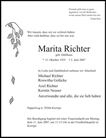 Todesanzeige von Marita Richter von WESTFÄLISCHER ANZEIGER