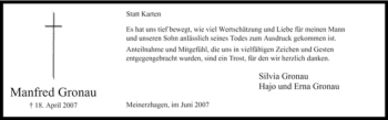 Todesanzeige von Manfred Gronau von WESTFÄLISCHER ANZEIGER