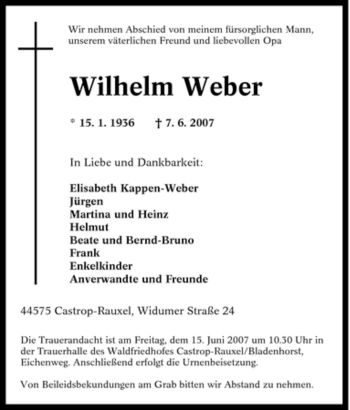 Todesanzeige von Wilhelm Weber von WESTFÄLISCHER ANZEIGER