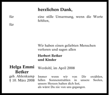 Todesanzeige von Helga Emmi Betker von WESTFÄLISCHER ANZEIGER