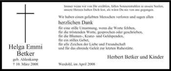 Todesanzeige von Helga Emmi Betker von WESTFÄLISCHER ANZEIGER