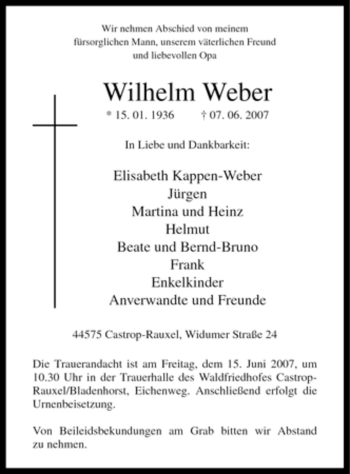 Todesanzeige von Wilhelm Weber von WESTFÄLISCHER ANZEIGER