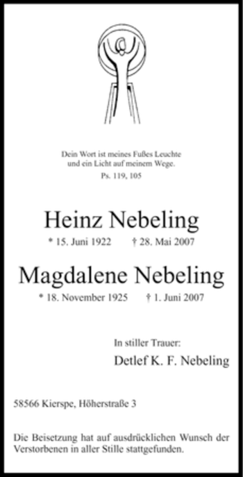 Todesanzeige von Heinz Nebeling von WESTFÄLISCHER ANZEIGER