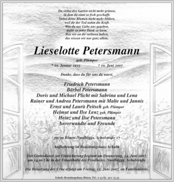 Todesanzeige von Lieselotte Petersmann von WESTFÄLISCHER ANZEIGER