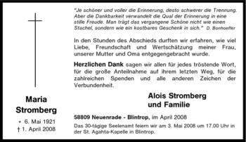 Todesanzeige von Maria Stromberg von WESTFÄLISCHER ANZEIGER