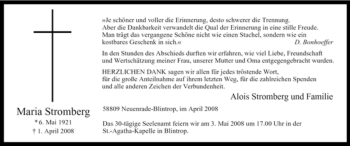 Todesanzeige von Maria Stromberg von WESTFÄLISCHER ANZEIGER