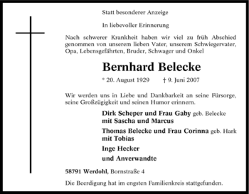 Todesanzeige von Bernhard Belecke von WESTFÄLISCHER ANZEIGER