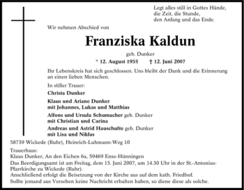 Todesanzeige von Franziska Kaldun von WESTFÄLISCHER ANZEIGER