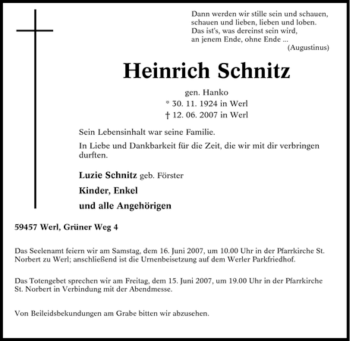 Todesanzeige von Heinrich Schnitz von WESTFÄLISCHER ANZEIGER