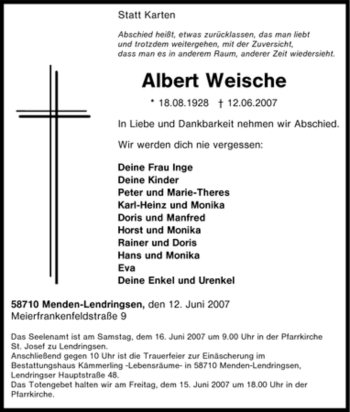 Todesanzeige von Albert Weische von WESTFÄLISCHER ANZEIGER