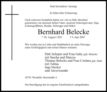 Todesanzeige von Bernhard Belecke von WESTFÄLISCHER ANZEIGER