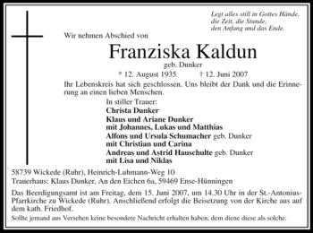 Todesanzeige von Franziska Kaldun von WESTFÄLISCHER ANZEIGER