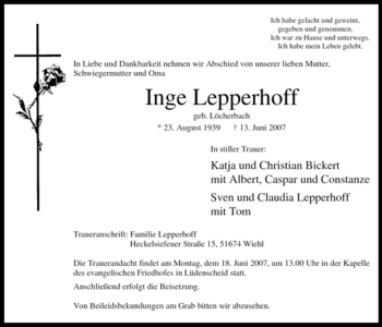 Todesanzeige von Inge Lepperhoff von WESTFÄLISCHER ANZEIGER