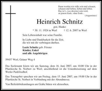 Todesanzeige von Heinrich Schnitz von WESTFÄLISCHER ANZEIGER