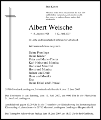 Todesanzeige von Albert Weische von WESTFÄLISCHER ANZEIGER