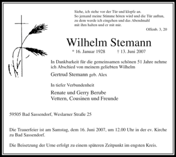 Todesanzeige von Wilhelm Stemann von WESTFÄLISCHER ANZEIGER