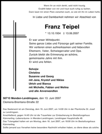 Todesanzeige von Franz Teipel von WESTFÄLISCHER ANZEIGER
