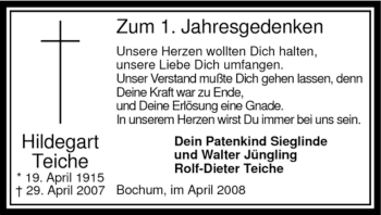 Todesanzeige von Hildegart Teiche von WESTFÄLISCHER ANZEIGER