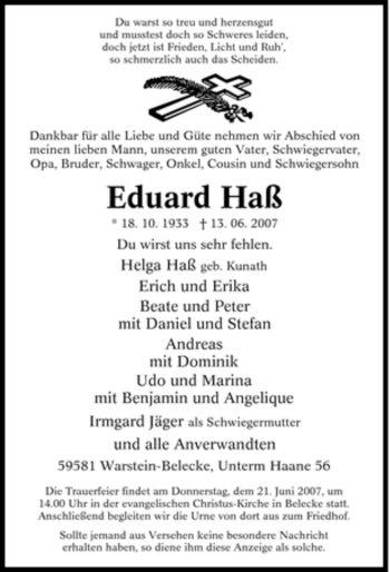 Todesanzeige von Eduard Haß von WESTFÄLISCHER ANZEIGER