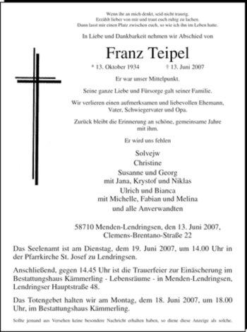 Todesanzeige von Franz Teipel von WESTFÄLISCHER ANZEIGER