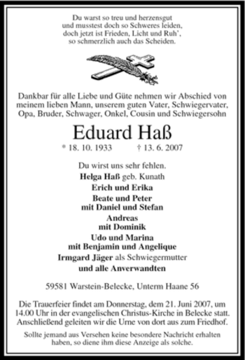 Todesanzeige von Eduard Haß von WESTFÄLISCHER ANZEIGER