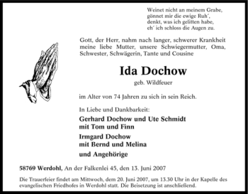 Todesanzeige von Ida Dochow von WESTFÄLISCHER ANZEIGER