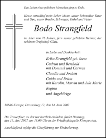 Todesanzeige von Bodo Strangfeld von WESTFÄLISCHER ANZEIGER