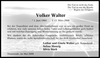 Todesanzeige von Volker Walter von WESTFÄLISCHER ANZEIGER