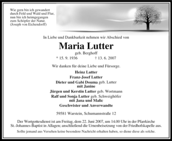 Todesanzeige von Maria Lutter von WESTFÄLISCHER ANZEIGER