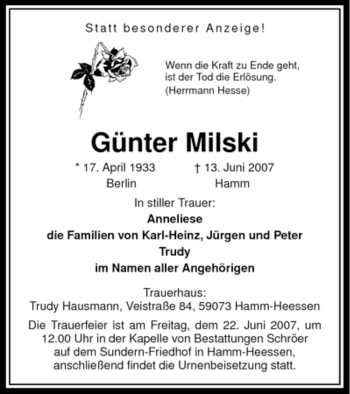 Todesanzeige von Günter Milski von WESTFÄLISCHER ANZEIGER