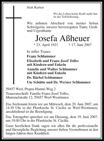 Todesanzeige von Josefa Aßheuer von WESTFÄLISCHER ANZEIGER
