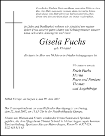 Todesanzeige von Gisela Fuchs von WESTFÄLISCHER ANZEIGER