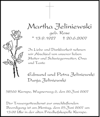 Todesanzeige von Martha Jeliniewski von WESTFÄLISCHER ANZEIGER