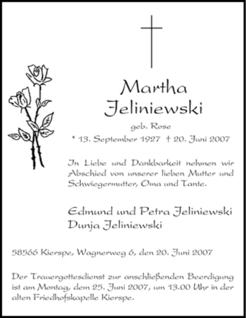 Todesanzeige von Martha Jeliniewski von WESTFÄLISCHER ANZEIGER
