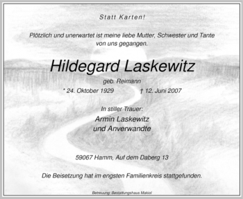Todesanzeige von Hildegard Laskewitz von WESTFÄLISCHER ANZEIGER