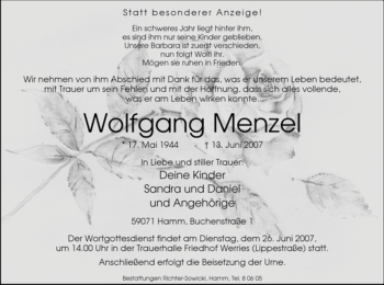 Todesanzeige von Wolfgang Menzel von WESTFÄLISCHER ANZEIGER