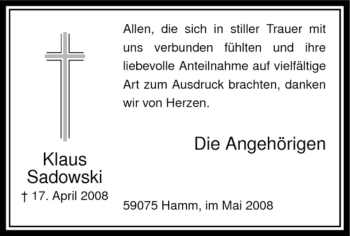 Todesanzeige von Klaus Sadowski von WESTFÄLISCHER ANZEIGER