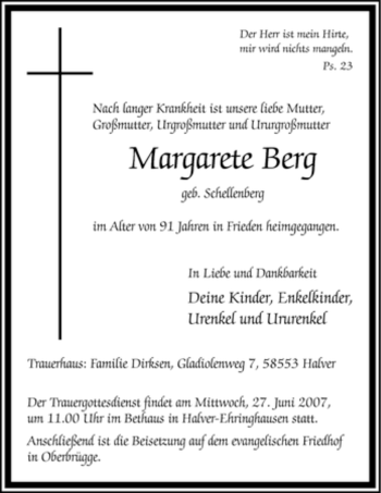 Todesanzeige von Margarete Margarete Berg von WESTFÄLISCHER ANZEIGER
