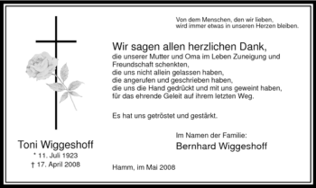 Todesanzeige von Toni Wiggeshoff von WESTFÄLISCHER ANZEIGER
