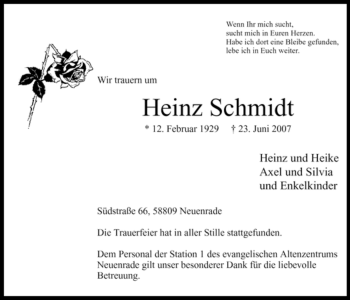 Todesanzeige von Heinz Schmidt von WESTFÄLISCHER ANZEIGER