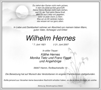 Todesanzeige von Wilhelm Hernes von WESTFÄLISCHER ANZEIGER
