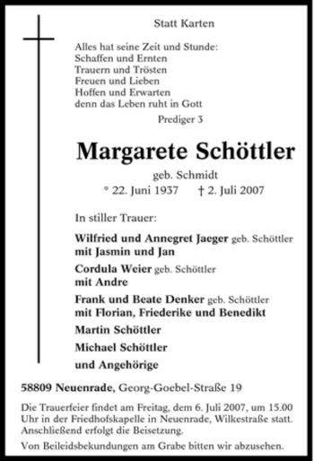 Todesanzeige von Margarete Schöttler von WESTFÄLISCHER ANZEIGER