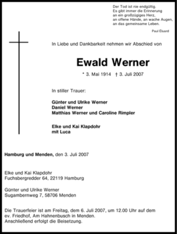Todesanzeige von Ewald Werner von WESTFÄLISCHER ANZEIGER