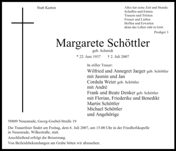 Todesanzeige von Margarete Schöttler von WESTFÄLISCHER ANZEIGER