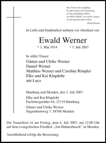 Todesanzeige von Ewald Werner von WESTFÄLISCHER ANZEIGER