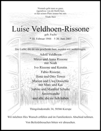 Todesanzeige von Luise Veldhoen-Rissone von WESTFÄLISCHER ANZEIGER