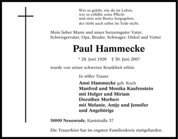 Todesanzeige von Paul Hammecke von WESTFÄLISCHER ANZEIGER